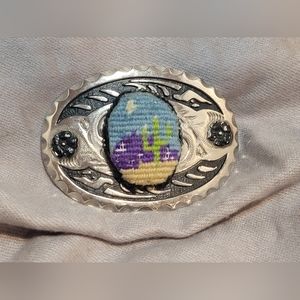 Oval Silver Plated Black Inlay South Western Style Desert Scene Buckle